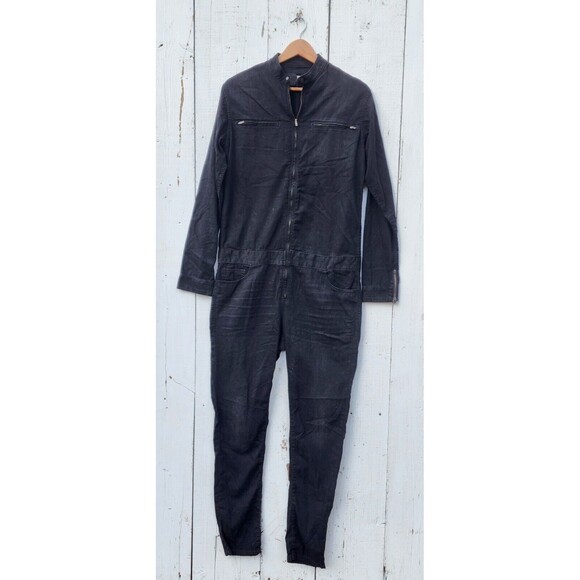 6397 Women's Dark Dusty Black 100% Cotton Racer Suit Long Sleeve Jumpsuit Sz L